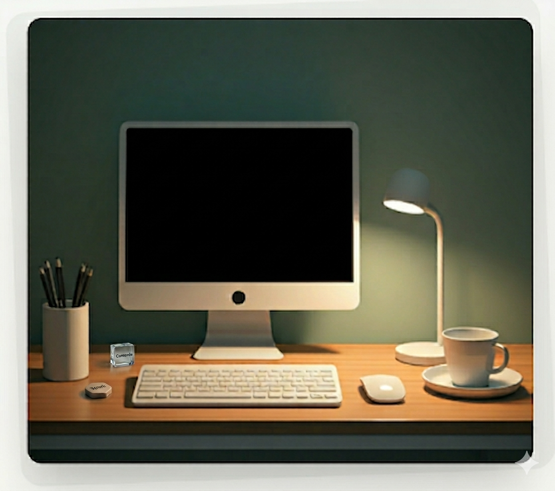 A quiet writer's desk — monitor, lamp, pencils, coffee
